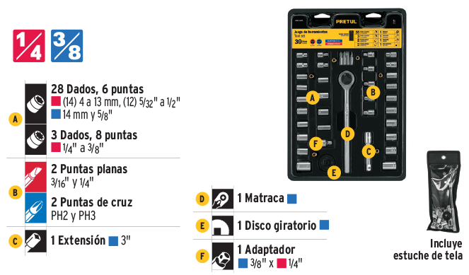 JUEGO DADOS CUADRO 1/4, 3/8 Y 1  40 PZS